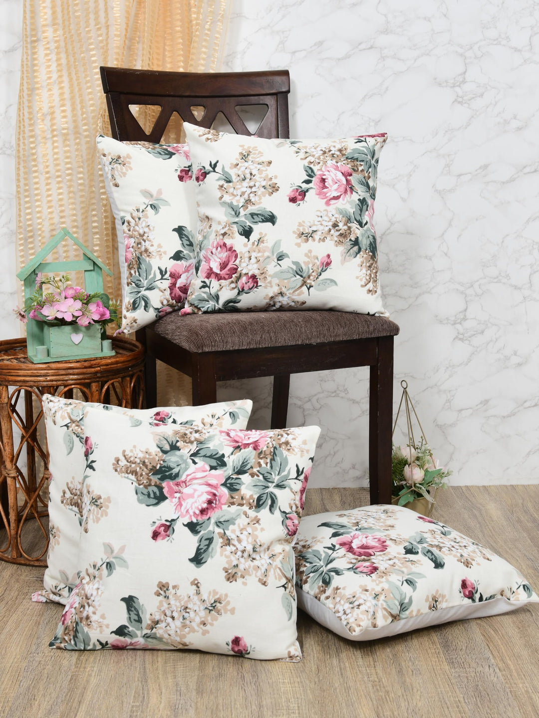 Premium Duck Cotton Decorative Throw Cushion Covers for Sofa Living Room ; Set of 5; 24x24 Inches; Vivid Blossom