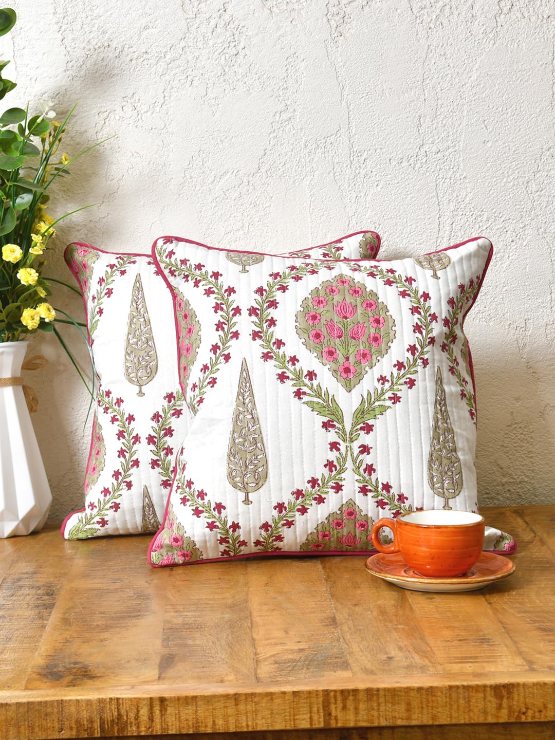Cotton 300 TC Cushion Covers Set of 2; 24X24 Inches; Pink Beige Block Print