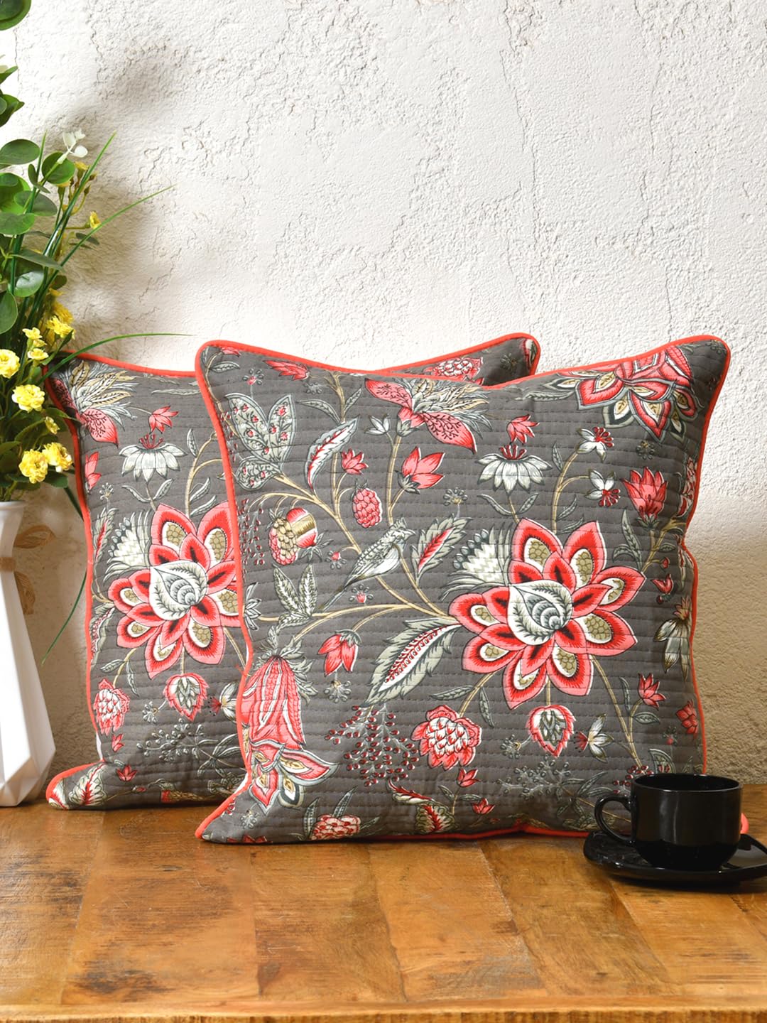 Cotton 300 TC Cushion Covers Set of 2; 20X20 Inches; Pink Flowers