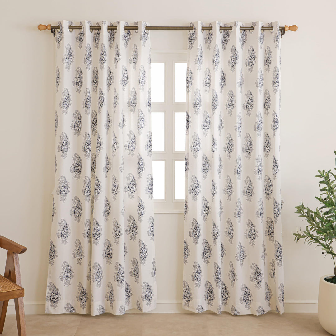 Block Print Door Curtains | 25% Light Filtering Cotton Curtains with Eyelets & Tieback | Set of 2 | 54x84 Inches/ 7 Feet | Palace Paisley