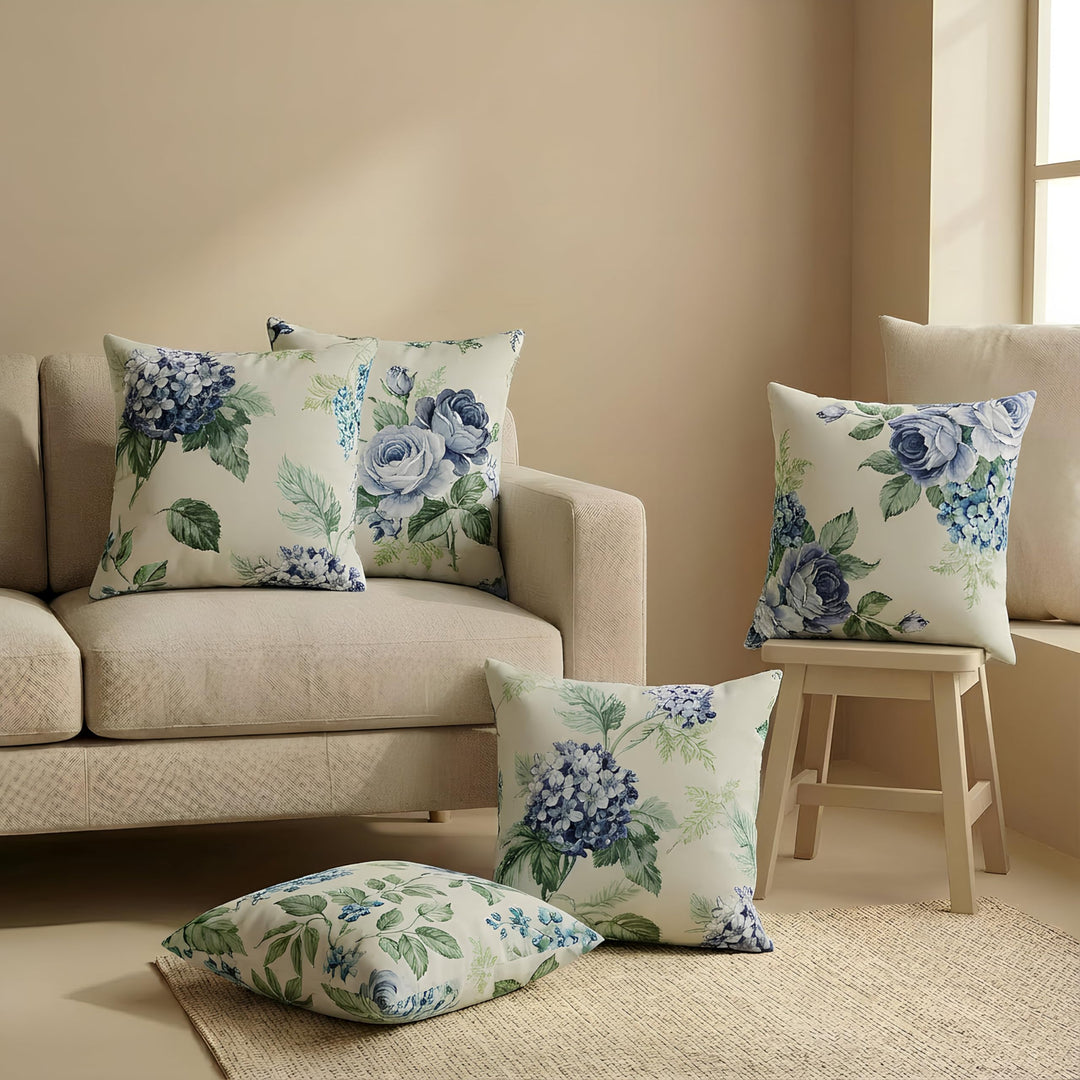 Cotton Cushion Covers 20x20 – Set of 5 Decorative Cushion Covers, Blue Bloom, Soft Cotton, Hidden Zip, Sofa & Bedroom Décor