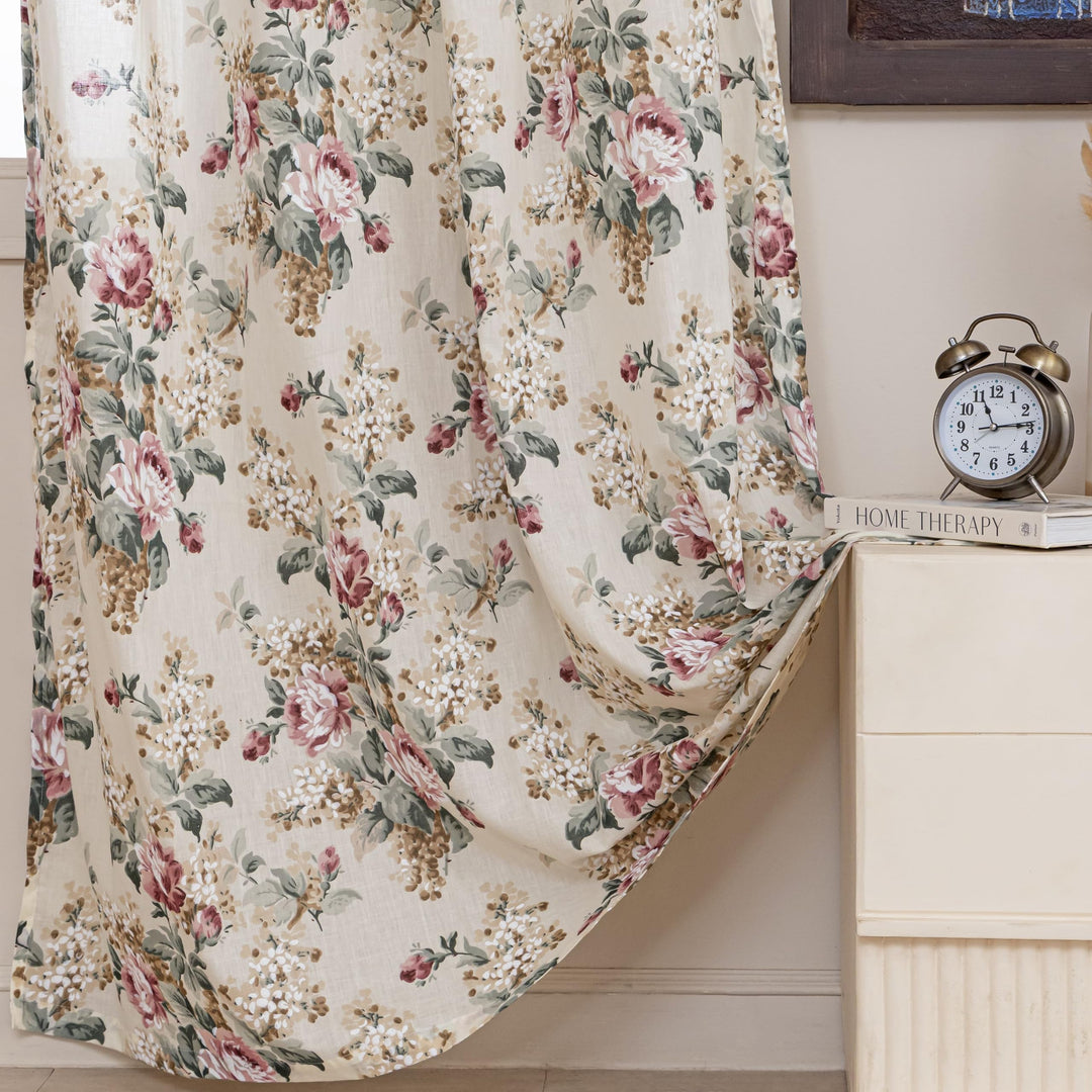 Block Print Sheer Door Curtains; 40% Light Filtering Linen Textured Curtains with Eyelets | Set of 2 | 54x108 Inches/ 9 Feet | Pearl Blossom