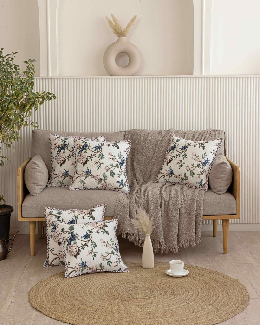 Premium Cotton Decorative Quilted Cushion Covers for Sofa Living Room ; Set of 5; 24x24 Inches; Vibrant Florals