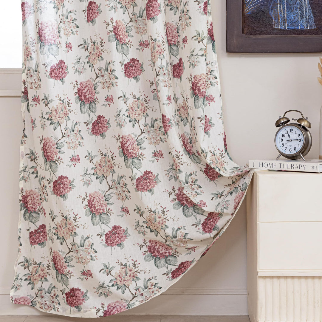 Block Print Sheer Door Curtains | 40% Light Filtering Linen Textured Curtains with Eyelets | Set of 2 | 54x84 Inches/ 7 Fee |; Blush Orchid