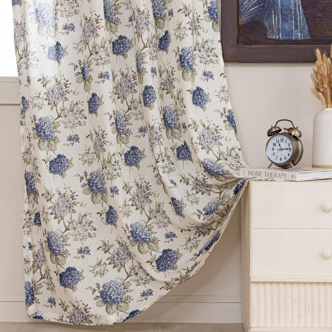 Block Print Sheer Door Curtains; 40% Light Filtering Linen Textured Curtains with Eyelets | Set of 2 | 54x84 Inches/ 7 Feet | Twilight Bloom