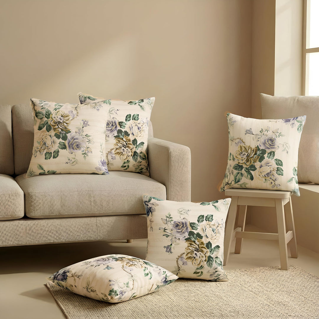 Cotton Cushion Covers 12x12 – Set of 5 Decorative Cushion Covers, Lilac Fleur, Soft Cotton, Hidden Zip, Sofa & Bedroom Décor
