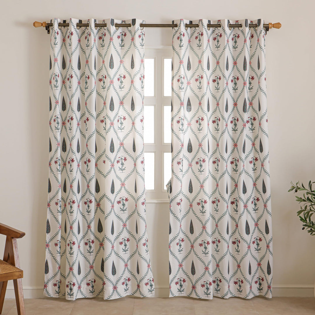 Block Print Door Curtains | 25% Light Filtering Cotton Curtains with Eyelets & Tieback | Set of 2 | 54x84 Inches/ 7 Feet | Mughal Garden