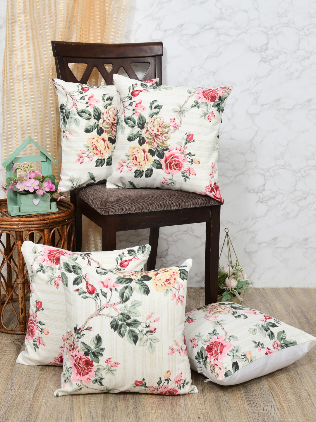 Premium Duck Cotton Decorative Throw Cushion Covers for Sofa Living Room ; Set of 5; 18x18 Inches; Floral Nest