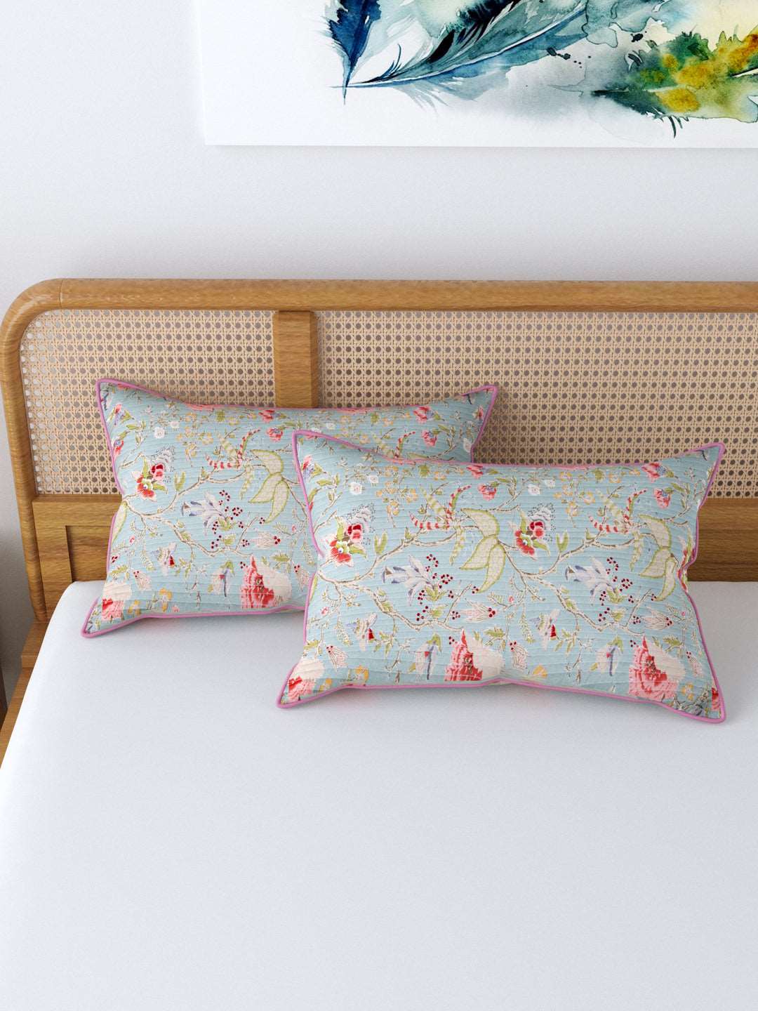 250 TC Cotton Pillow Covers With Piping; Set of 2; Floral Printed With Pink Piping