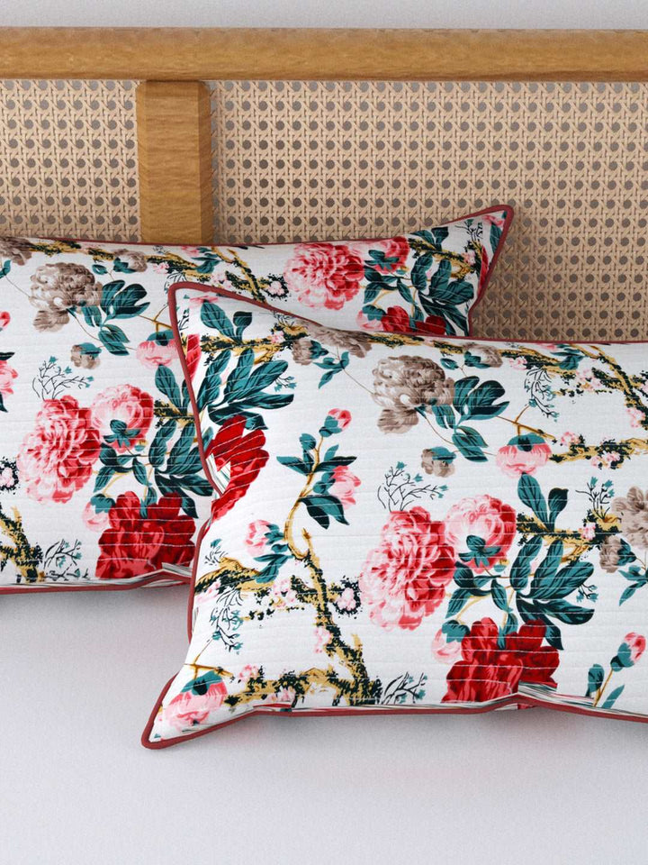 250 TC Cotton Pillow Covers With Piping; Set of 2; Floral Printed With Rust Piping