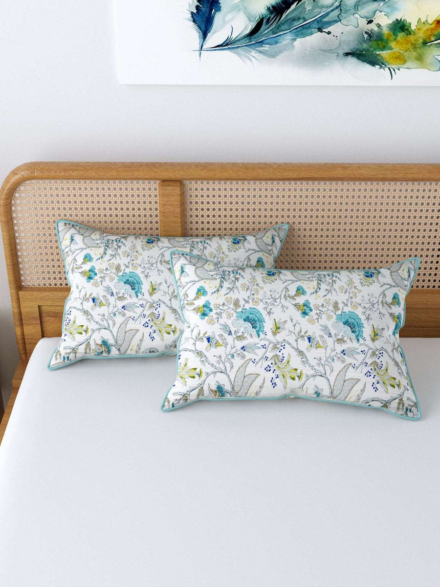 250 TC Cotton Pillow Covers With Piping; Set of 2; Teal & Grey With Teal Piping