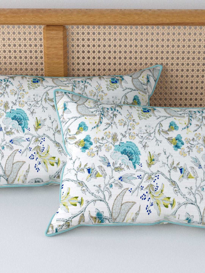 250 TC Cotton Pillow Covers With Piping; Set of 2; Teal & Grey With Teal Piping