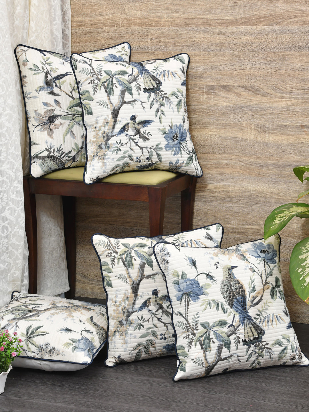 Cushion Covers Set of 5; Blue Flowers & Birds