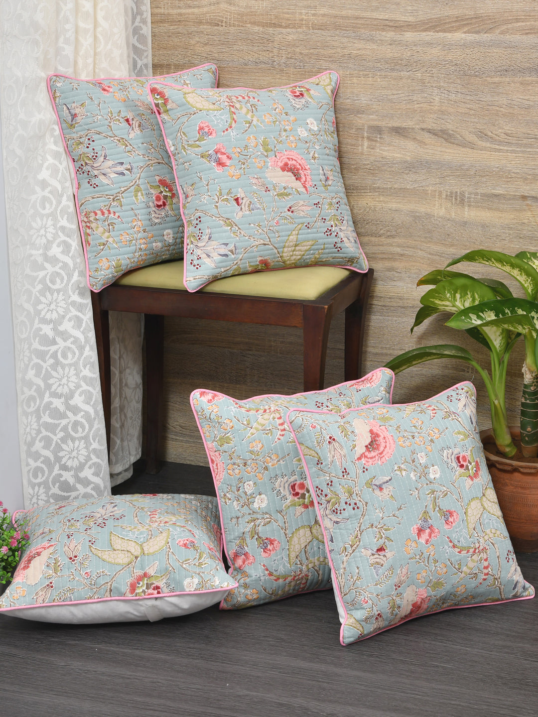 Cushion Covers Set of 5; Light Orange Flowers