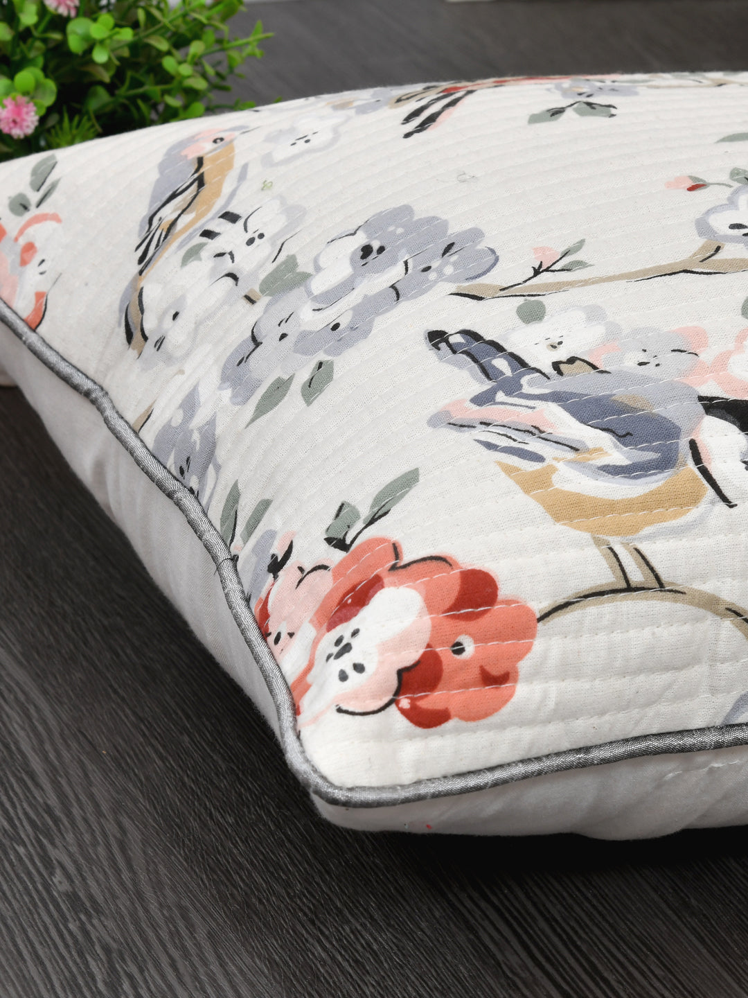 Cushion Covers Set of 2; Grey Flowers & Birds