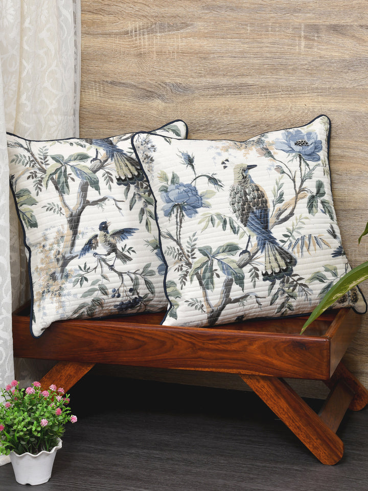 Cushion Covers Set of 2; Blue Flowers & Birds