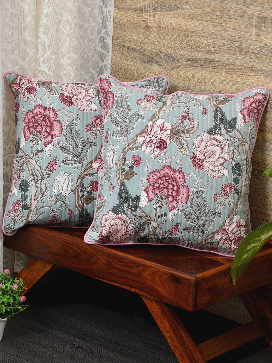 Cushion Covers Set of 2 Pink Maroon Flowers