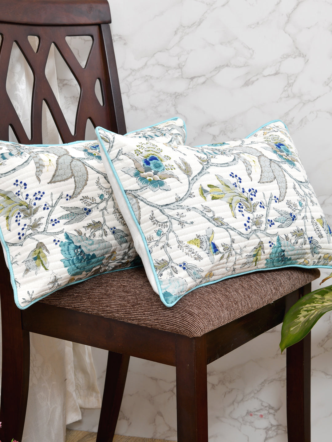 Cotton Cushion Covers; 12x18 Inches;  Set of 2; Teal & Grey Leaves
