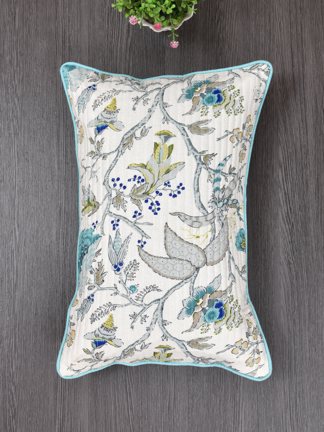 Cotton Cushion Covers; 12x18 Inches;  Set of 2; Teal & Grey Leaves