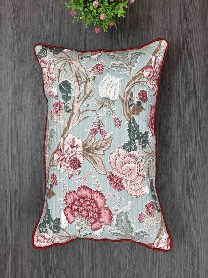 Cotton Cushion Covers; 12x18 Inches;  Set of 2; Pink Maroon Flowers