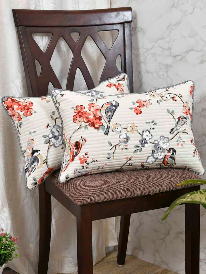 Cotton Cushion Covers; 12x18 Inches;  Set of 2; Grey Flowers & Birds