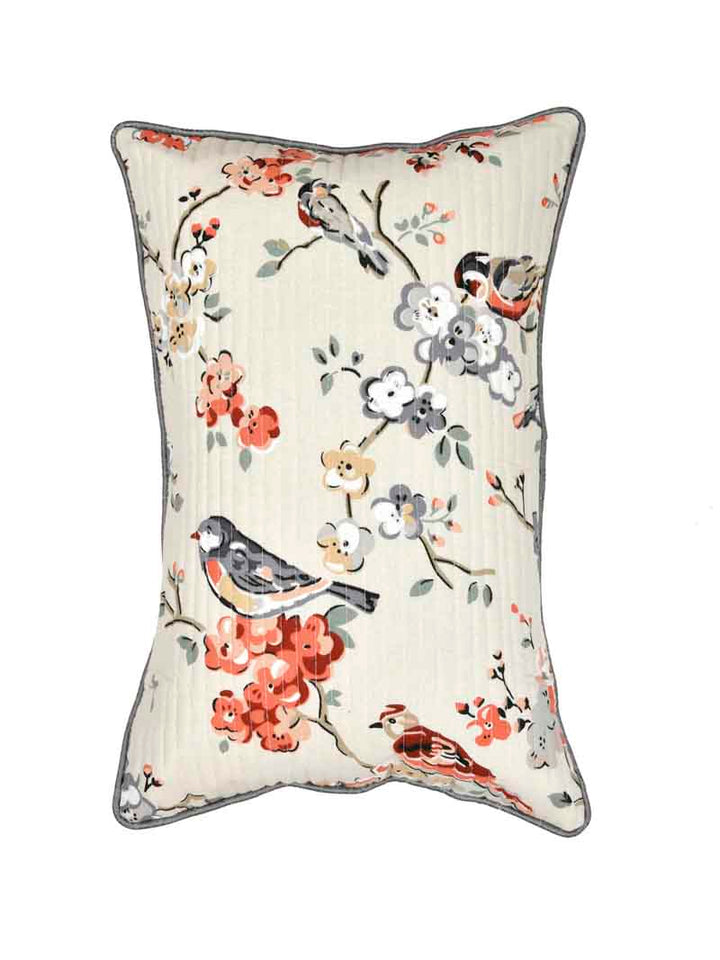 Cotton Cushion Covers; 12x18 Inches;  Set of 2; Grey Flowers & Birds