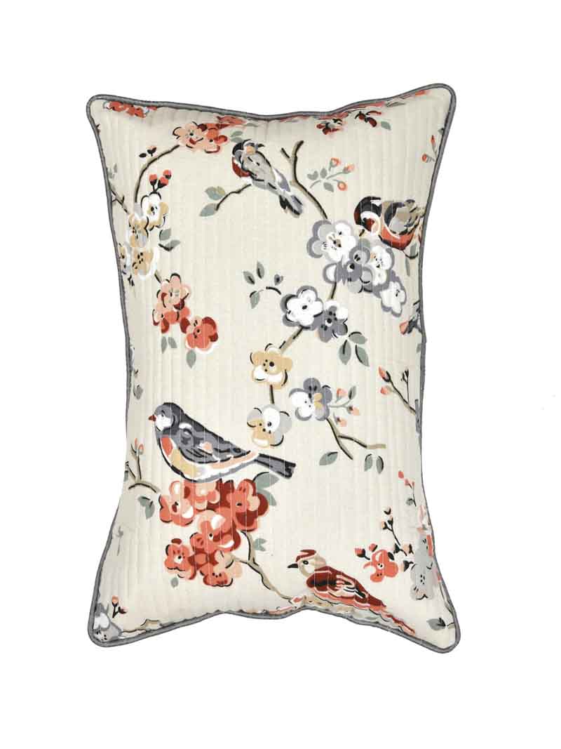 Cotton Cushion Covers; 12x18 Inches;  Set of 2; Grey Flowers & Birds