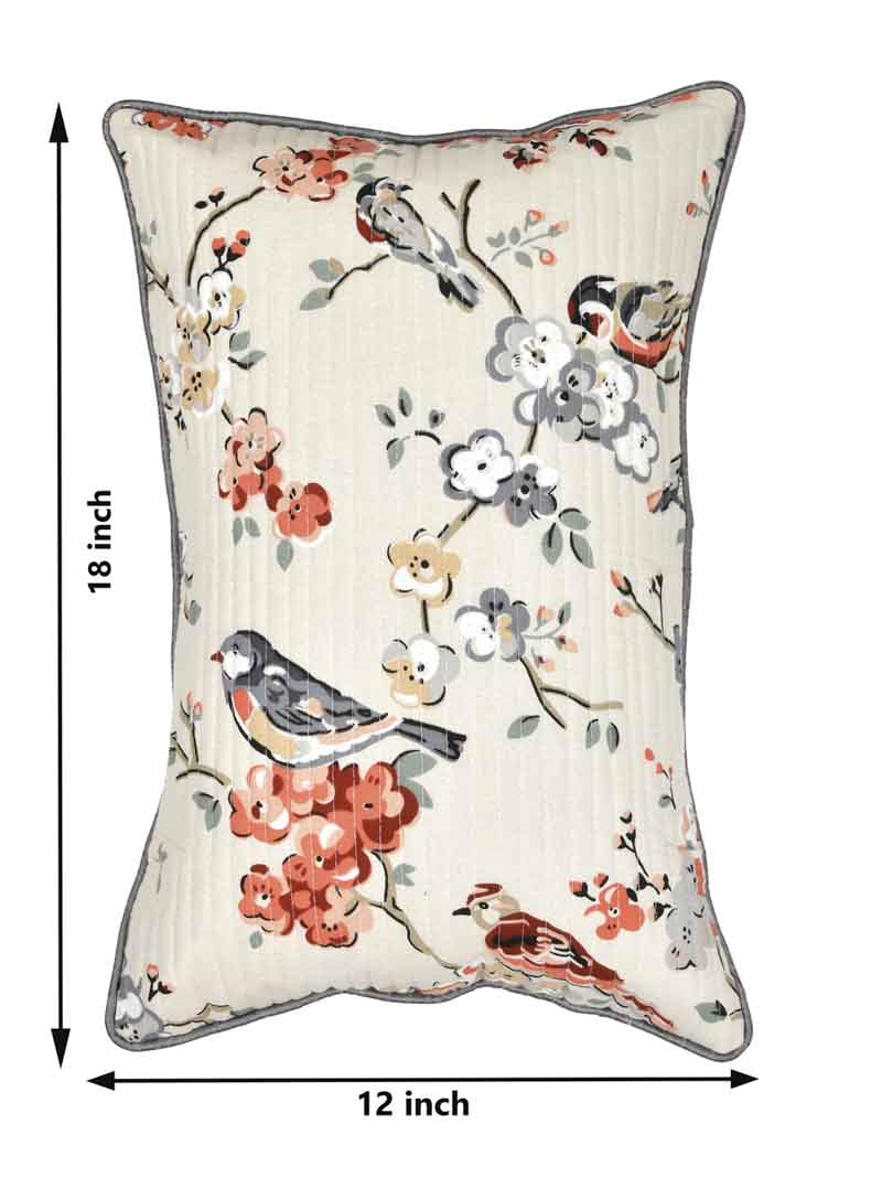 Cotton Cushion Covers; 12x18 Inches;  Set of 2; Grey Flowers & Birds