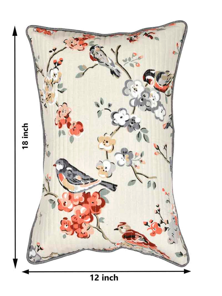 Cotton Cushion Covers; 12x18 Inches;  Set of 2; Grey Flowers & Birds