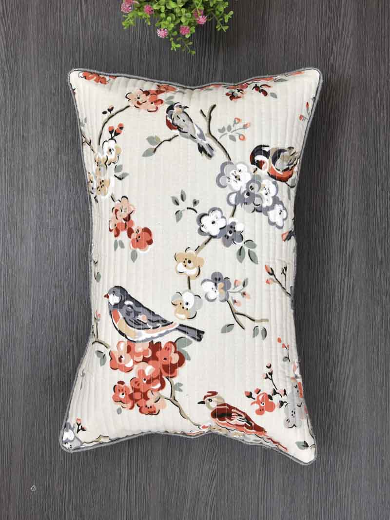 Cotton Cushion Covers; 12x18 Inches;  Set of 2; Grey Flowers & Birds