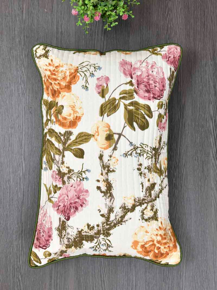 Cotton Cushion Covers; 12x18 Inches;  Set of 2; Pink Orange Flowers