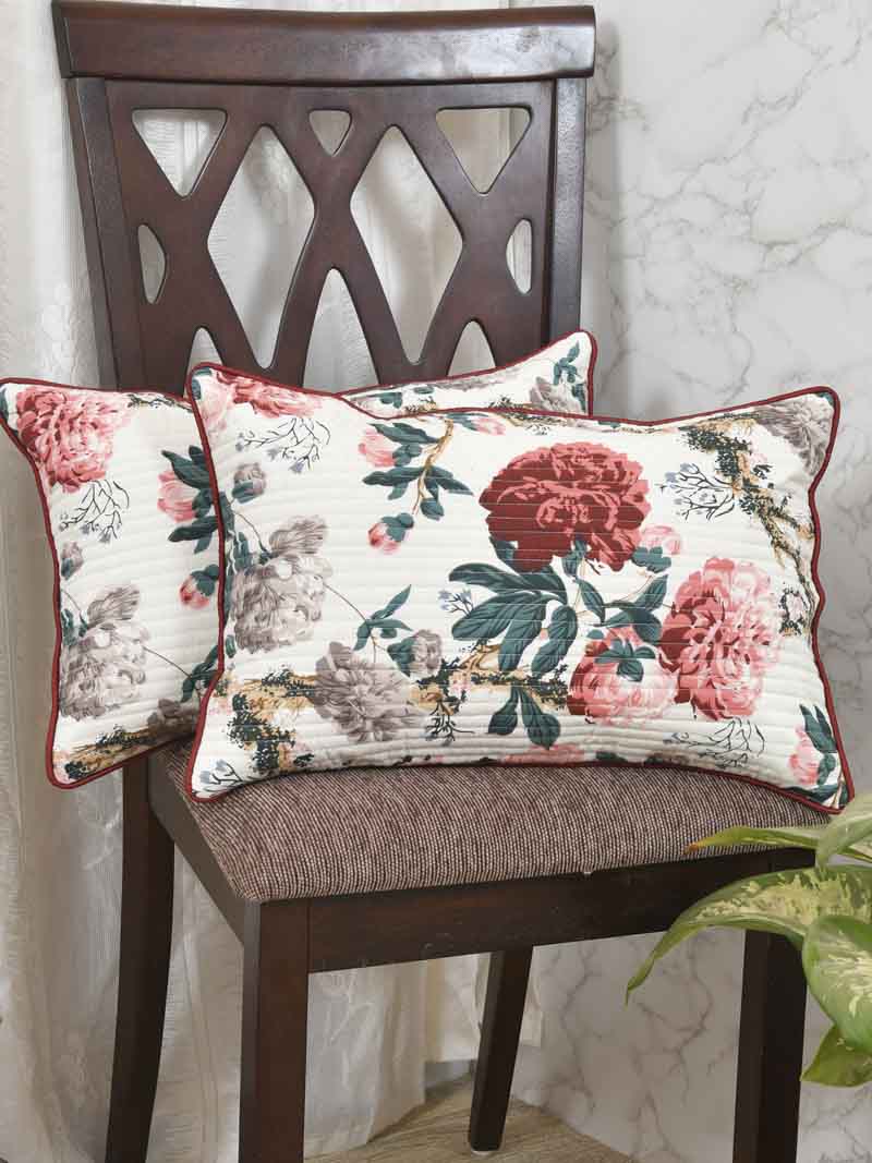 Cotton Cushion Covers; 12x18 Inches;  Set of 2; Rust Grey Flowers