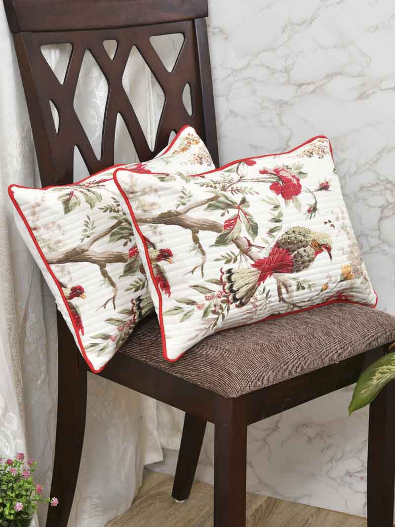 Cotton Cushion Covers; 12x18 Inches;  Set of 2; Red Flowers & Birds