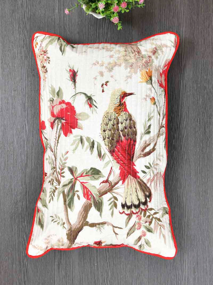 Cotton Cushion Covers; 12x18 Inches;  Set of 2; Red Flowers & Birds