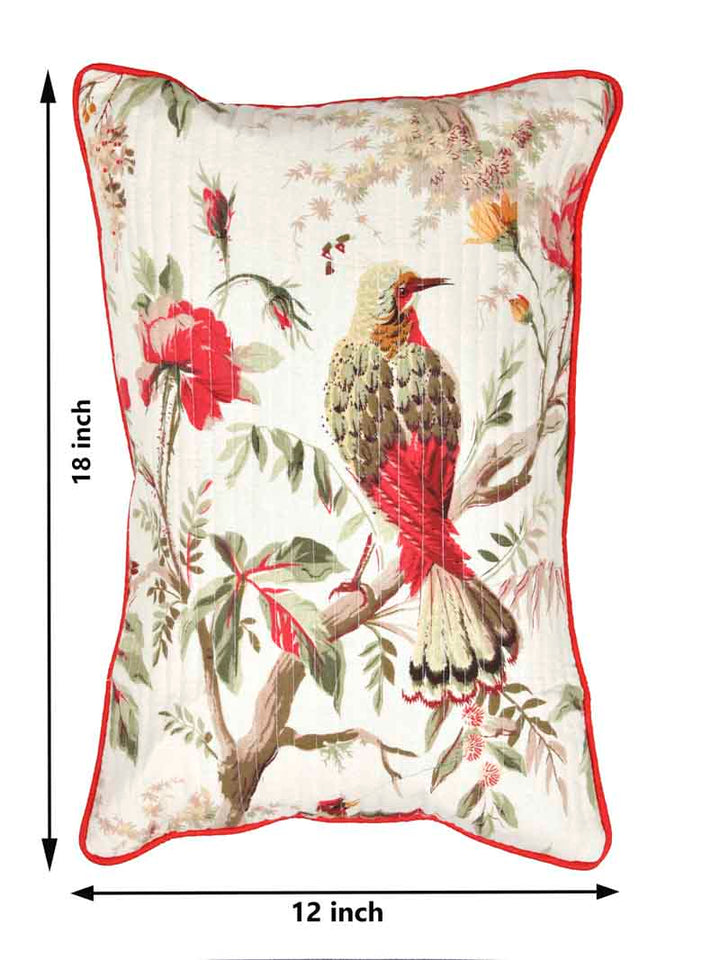Cotton Cushion Covers; 12x18 Inches;  Set of 2; Red Flowers & Birds