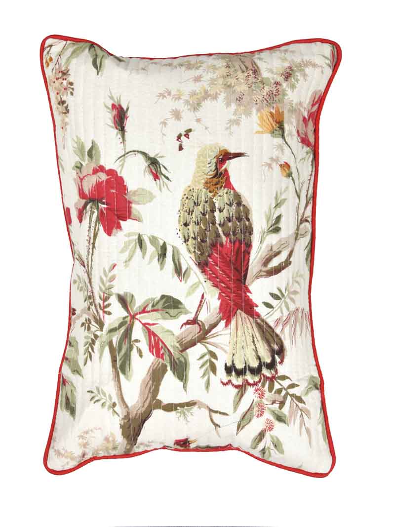 Cotton Cushion Covers; 12x18 Inches;  Set of 2; Red Flowers & Birds