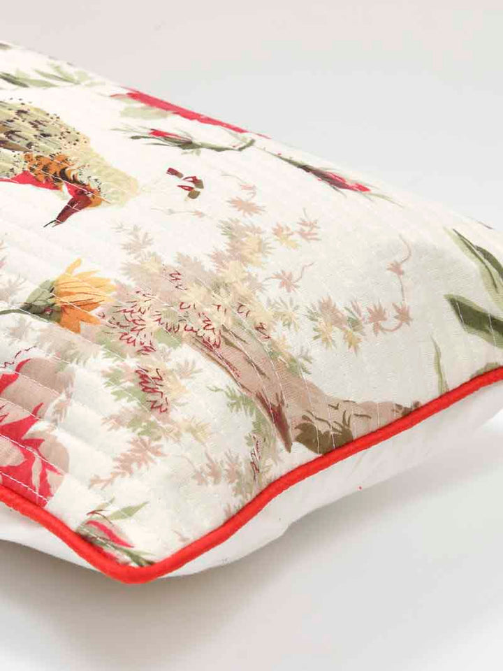 Cotton Cushion Covers; 12x18 Inches;  Set of 2; Red Flowers & Birds