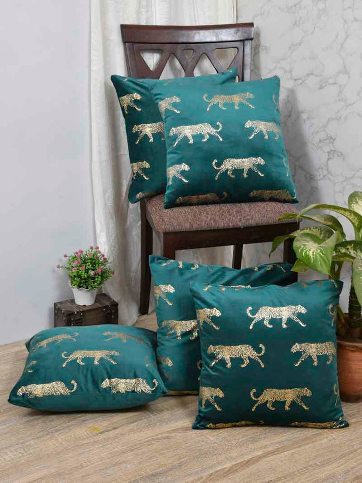 Velvet Cushion Covers; Set of 5; Leopard On Green