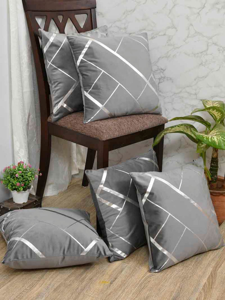 Velvet Cushion Covers; Set of 5; Geometric On Grey