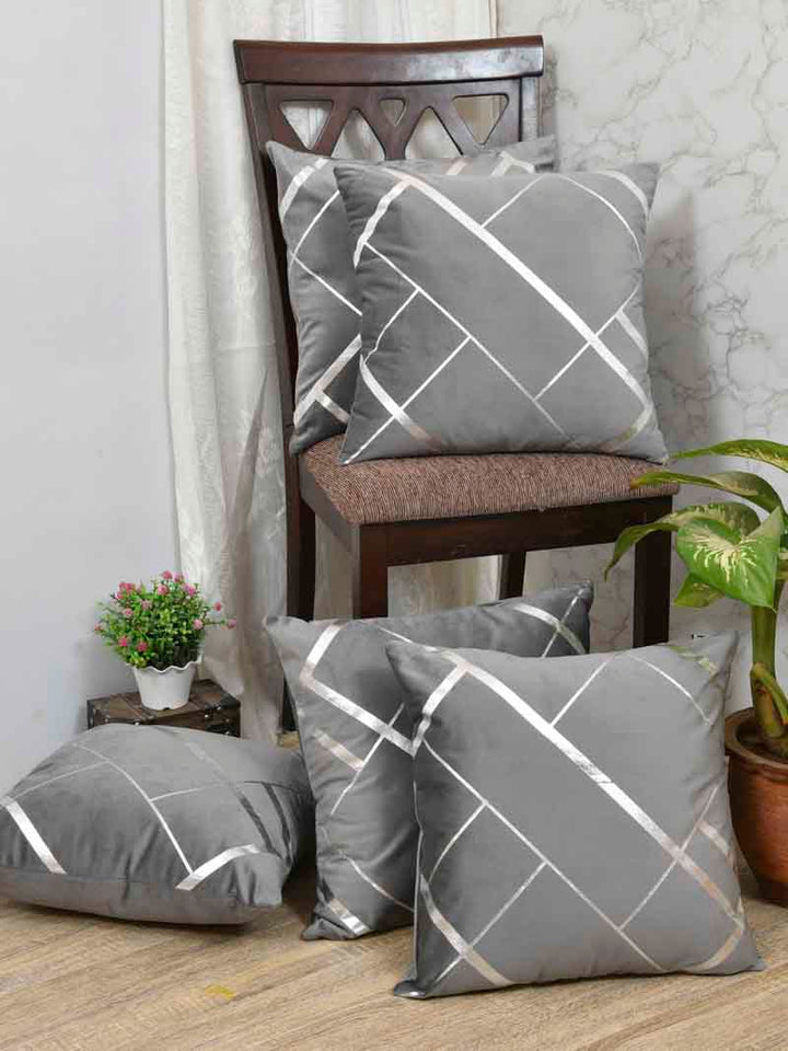 Velvet Cushion Covers; Set of 5; Geometric On Grey
