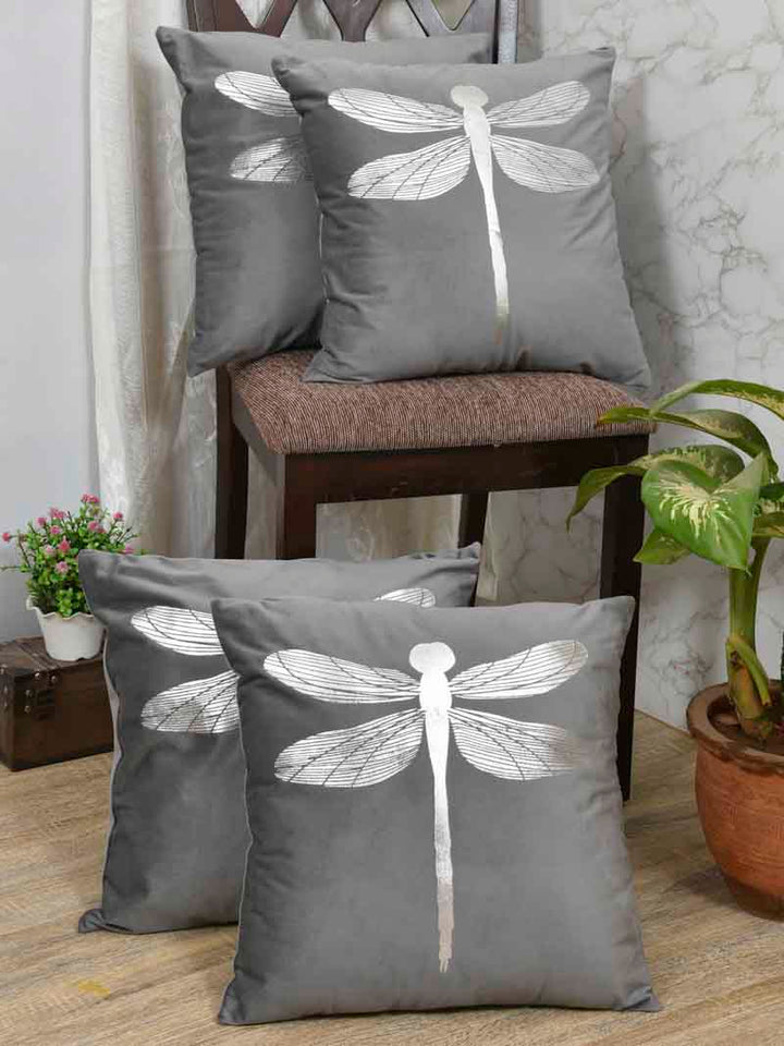 Velvet Cushion Covers; Set of 4; Butterfly On Grey