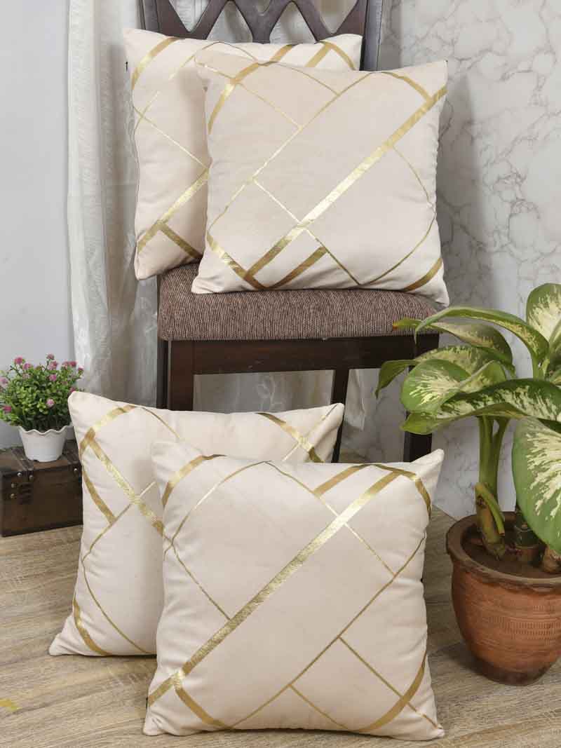 Velvet Cushion Covers; Set of 4; Geometric On Cream