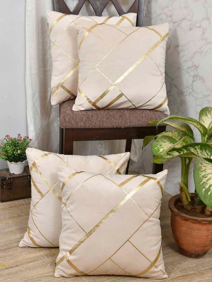 Velvet Cushion Covers; Set of 4; Geometric On Cream