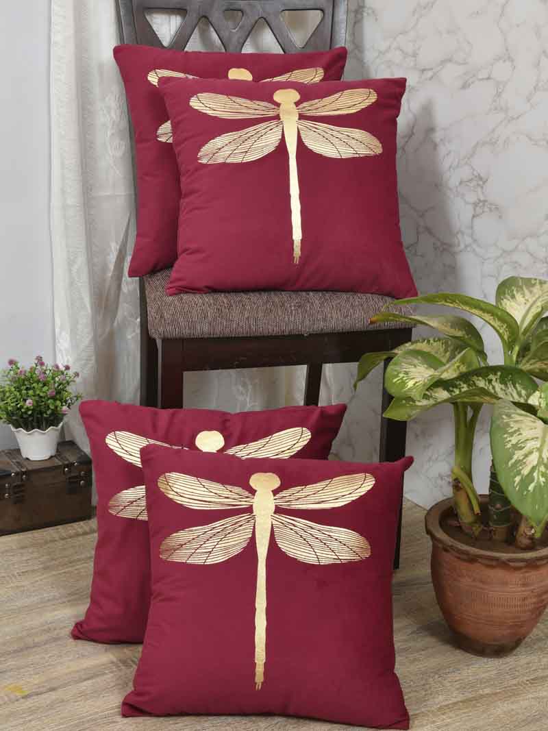 Velvet Cushion Covers; Set of 4; Butterfly On Red
