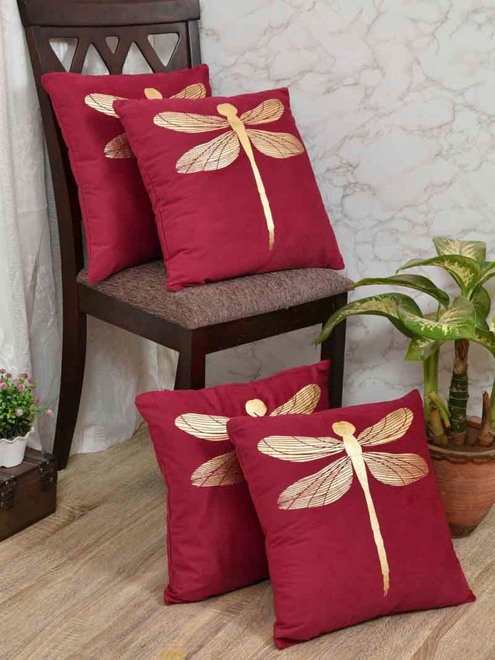 Velvet Cushion Covers; Set of 4; Butterfly On Red