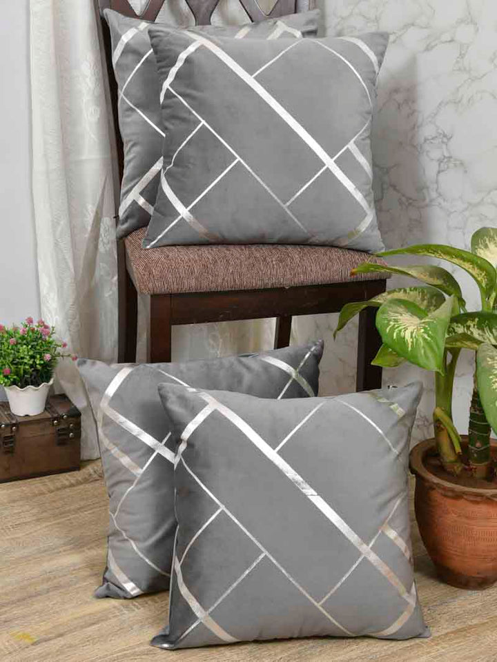 Velvet Cushion Covers; Set of 4; Geometric On Grey