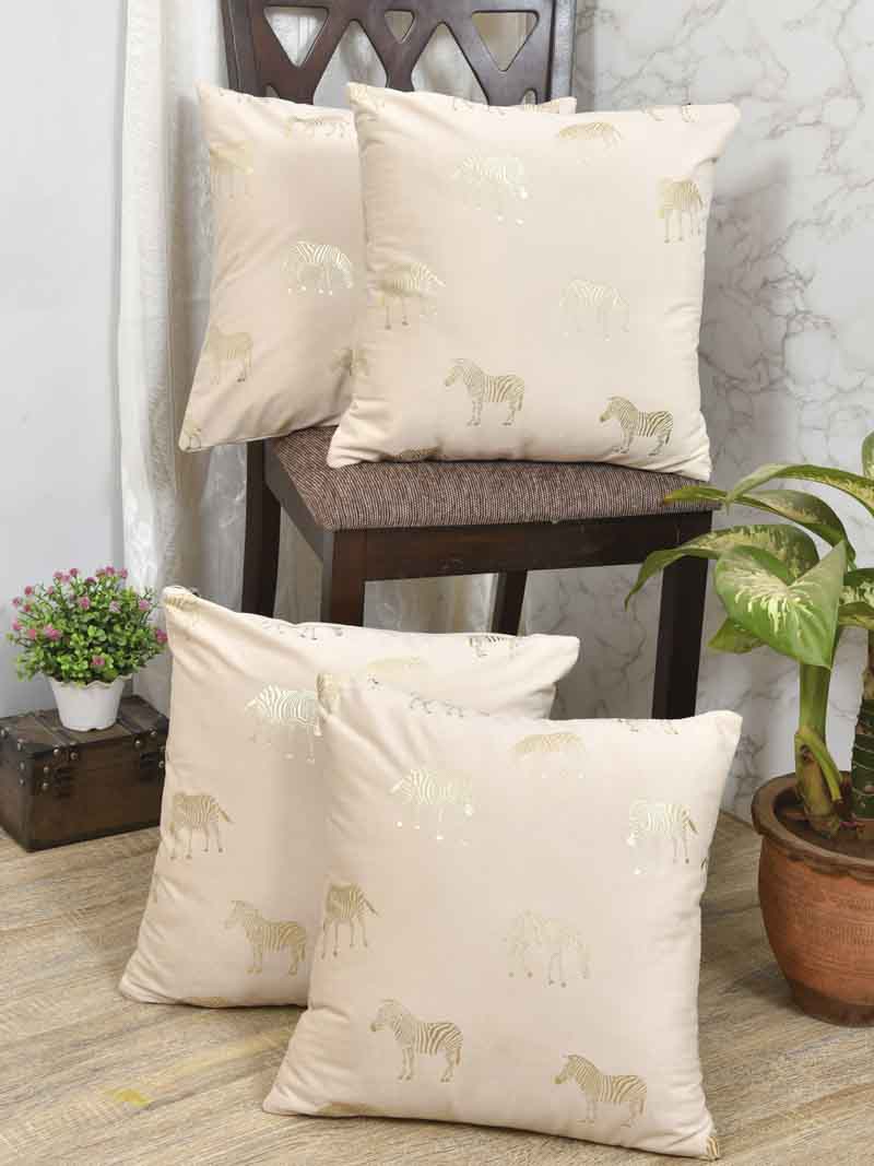 Velvet Cushion Covers; Set of 4; Zebra On Cream