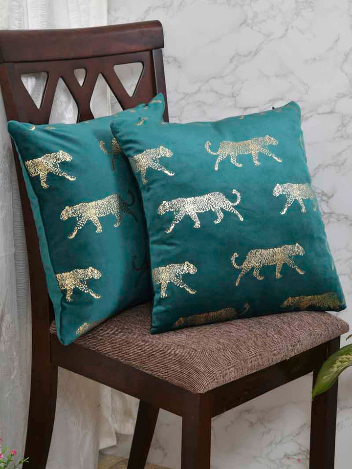 Velvet Cushion Covers; Set of 2; Leopard On Green