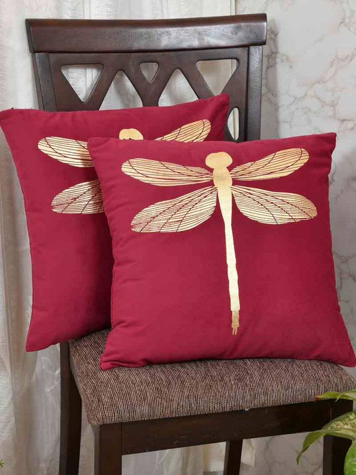 Velvet Cushion Covers; Set of 2; Butterfly On Red