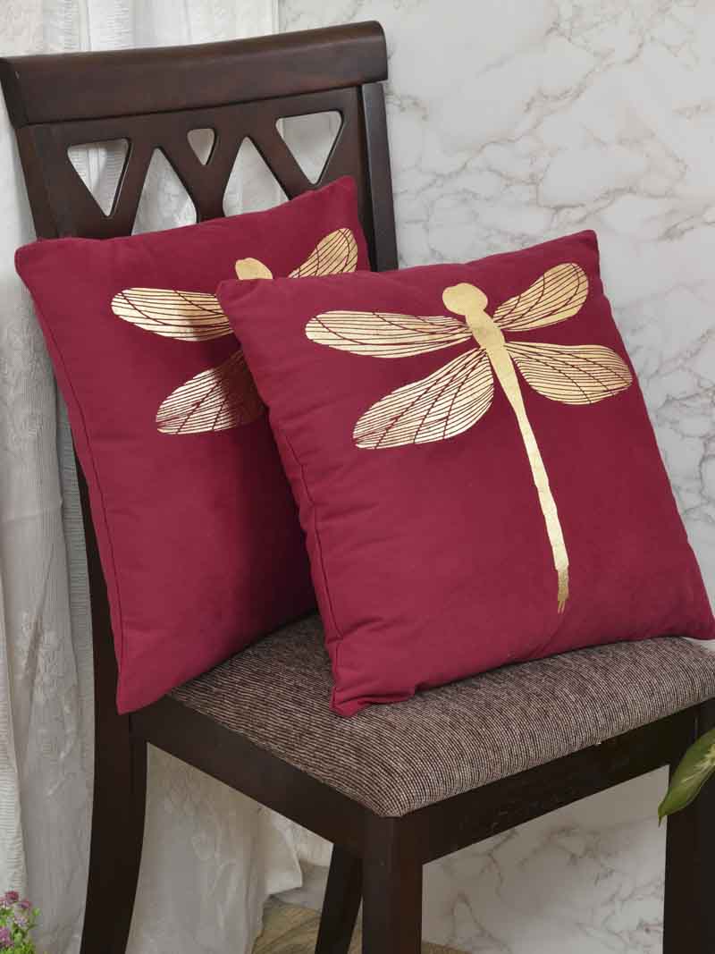 Velvet Cushion Covers; Set of 2; Butterfly On Red